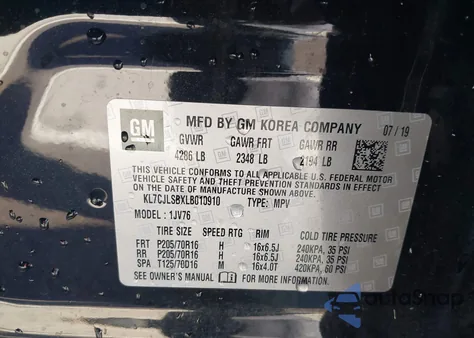 2020 Chevrolet Trax Fwd Lt z USA, uszkodzony, nr VIN KL7CJLSBXLB010910